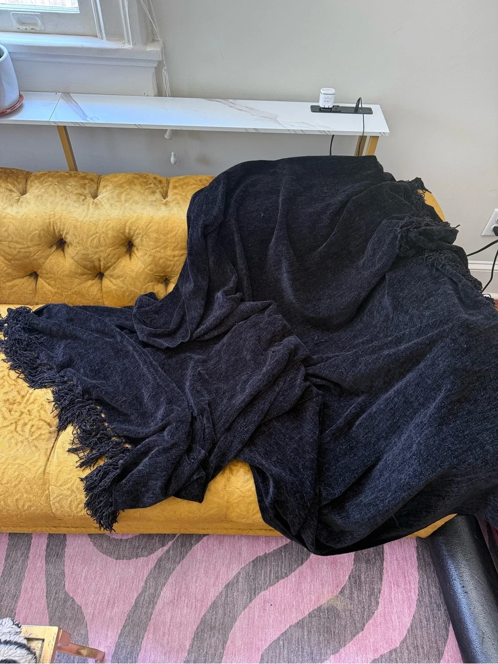 Black Chenille Fringe Throw Blanket